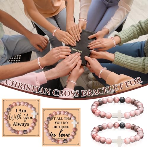 12 Set Christian Cross Bracelets Bulk Religious Cross Beaded Bracelet for Women Men 12 Natural Beaded Stuff Inspirational Cards Envelope Christian Jewelry Faith Gift (Classic Style,Pink) - color: Pink, size: Classic Style