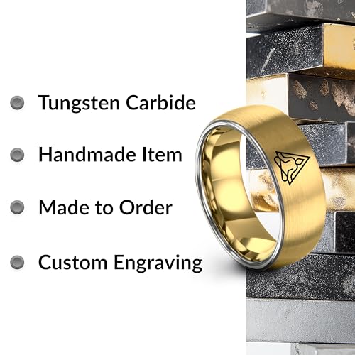 Gift for Yoga Fan - Yoga Meditation Ring - Flat Dome Bevel - Band - Men Women - Brushed Polished - Tungsten - Personalized Custom Engraving - 8mm - Anniversary Wedding - Yellow Rose Gold Silver - color: 05 - Yellow Gold Grey Tungsten