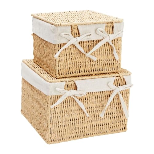 Juvale Wicker Storage Bins with Lids and Insert - Set of 2, 10 x 10 x 7 in & 8 x 8 x 6 in, Brown - Rectangular Lined Baskets with Lids & Insert for Organization