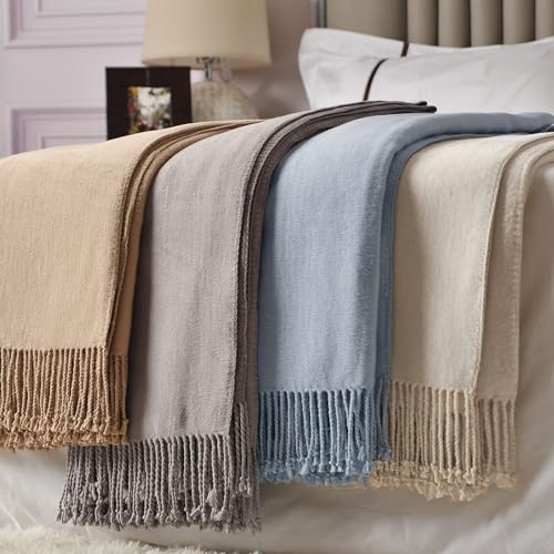 CUDDLE DREAMS Silk Throw Blanket with Hand-Knotted Fringe, Natural, Soft & Breathable (Blue) - color: Blue