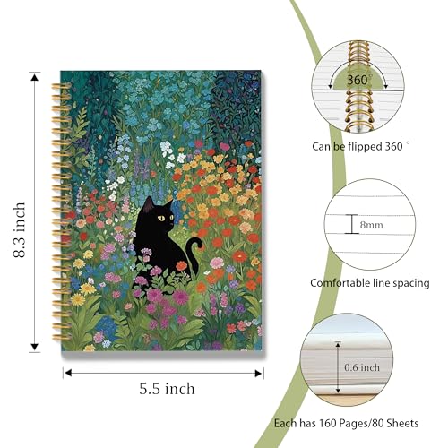 Wildflower Black Cat Spiral Notebook, Black Cat Gifts Journal, Cats Lovers Mom Lady Gifts Journal Notebook, 5.5x8.3 Inch - color: Style02