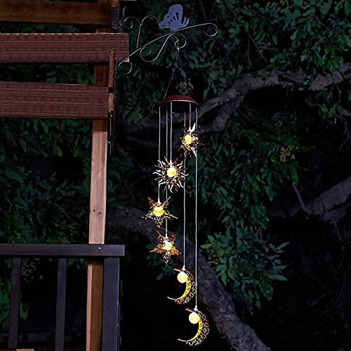 Tryme Solar Wind Chimes for Outside with Sun Moon Star Solar Hanging Lights Windchimes Outdoors Garden Decor Gifts for Mother, Grandma, Sister