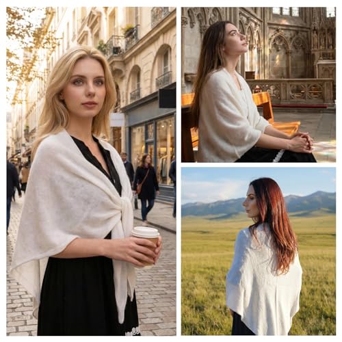 Cashmere Blend Shawl Wraps for Women,Cashmere Poncho Pashmina for Women Travel Scarf for All-Season with Gift Box - color: White