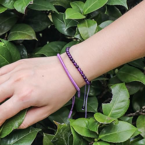 Natural Stone Healing Bracelet Tibetan Braided Style with Adjustable Rope String & Protective Energy Jewelry Gift for Womens & Men - color: Amethyst-Purple