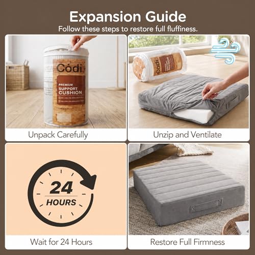 Codi Thick Replacement Couch Cushions, Upholstery Foam with Washable Covers for Sofa Cushion Chair Meditation - 24 × 24 × 5 Inch | High Density Foam, Grey - color: Grey, size: 24 Inch (Pack of 1)