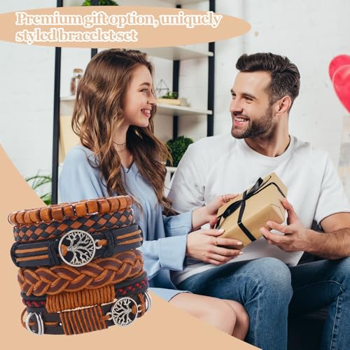 6Pcs Braided Bracelets for Men Women Wrap Wood Beads Cuff Handmade Wrap Wristband Bracelets Set Adjustable