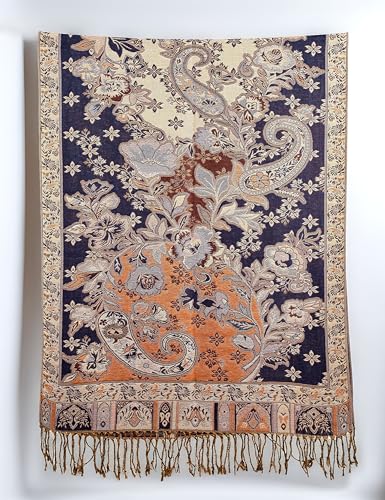 Achillea Elegant Paisley Floral Pashmina Shawl and Wrap β Boho Rave Scarf for Festival, Travel & Everyday Wear - color: Navy Amber Gold