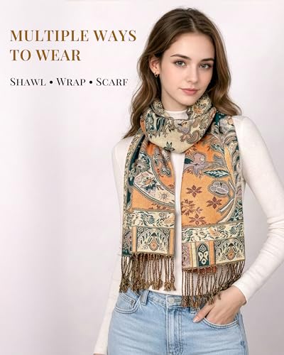 Achillea Elegant Paisley Floral Pashmina Shawl and Wrap β Boho Rave Scarf for Festival, Travel & Everyday Wear - color: Emerald Green