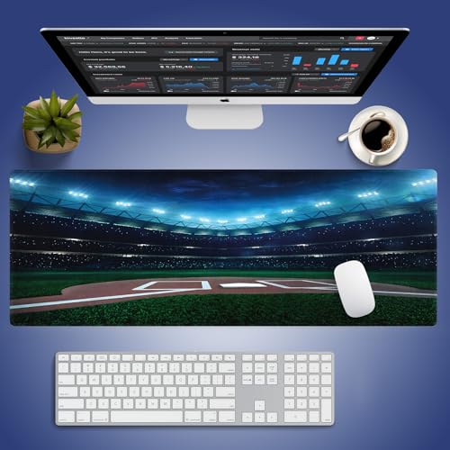 Extra Large Gaming & Office Mouse Pad (31.5" x 11.8") with Durable Stitched Edges – Professional Baseball Field at Night Vibrant Playground Stadium League Theme Print, Anti-Slip XXL Desk Mat - color: Baseball Field