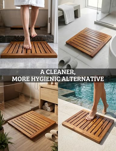 Acacia Wood Shower Mat 21x21 Inches by Demigo, Luxury Bath Mat Non Slip for Bathroom Bathtub Shower Spa Garden Home, Wooden Floor Mat Square Large for Outdoor and Indoor - size: 21" x 21" (Square)