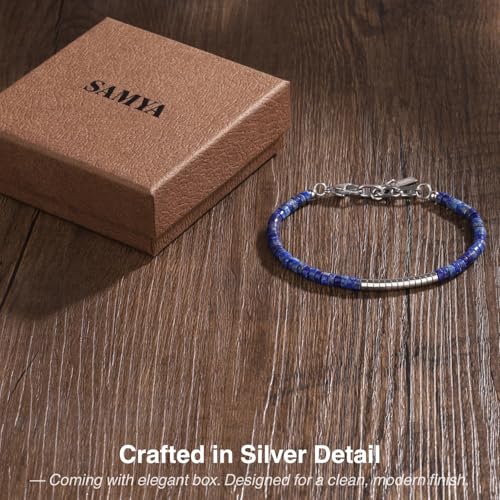 SAMYA Heshi Beaded Bracelet for Men, 4×2mm Natural Black Onyx/Tiger Eye/African Turquoise Beads, Adjustable Fit for 6.5”–8.0” Wrist with Stainless Steel Clasp - style: Lapis Lazuli