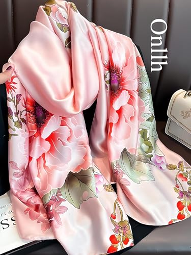 Large Shawl Scarf For Women Lightweight Wraps Silky Headscarf Long Sunscreen Scarfs - color: T17 Pink Peony / 70"x 35"