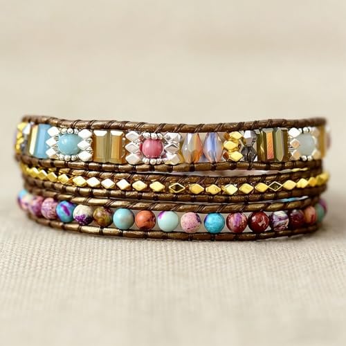 Boho Wrap Bead Bracelet for Women - Handmade Adjustable Natural Stone Beaded Bracelets Yoga Healing Bracelet Bangle Hippie Jewelry - color: Mixed beads