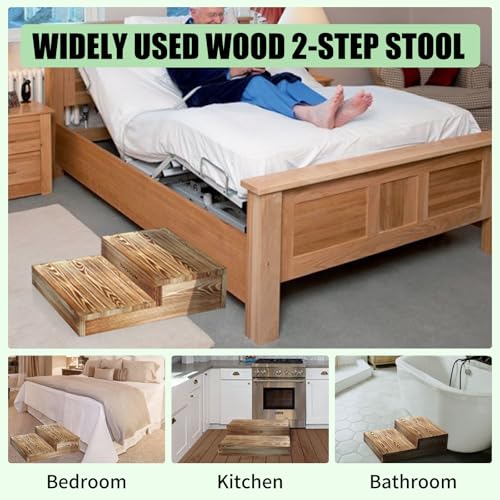 Wooden 2 Step Stool for High Beds, Moderate & Applicable 2-Step Stools for Seniors, Solid Wood steppingStool, Built-in Handle for Easy Carrying, 20.0" W - size: 20.0" W
