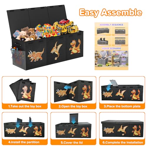 Extra Large Toy Box Chest, Collapsible Sturdy Toy Storage Organizer Boxes Bins Baskets Dinosaur Kids Toy Chest Bin with Lids for Boys Girls Living Room Playroom Bedroom Nursery 41"x14"x16" Black - color: Black-3