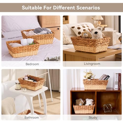 Storage Baskets, Large Wicker Baskets, Boho Deco Cube Storage Organizer Bins for Shelf, Bathroom, Kitchen, Living Room, Shelves, Pantry, Closet -Small Laundry Basket, Water Hyacinth, 2pack