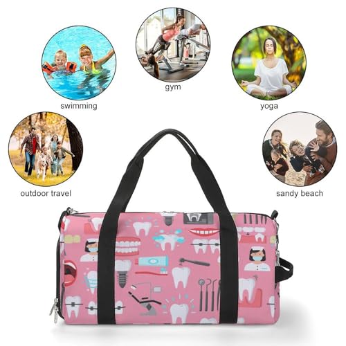 Teeth Dental Seamless Pattern Pink Large Capacity Portable Fitness Bag, Easy to Carry - color: Teeth Dental Seamless Pattern Pink