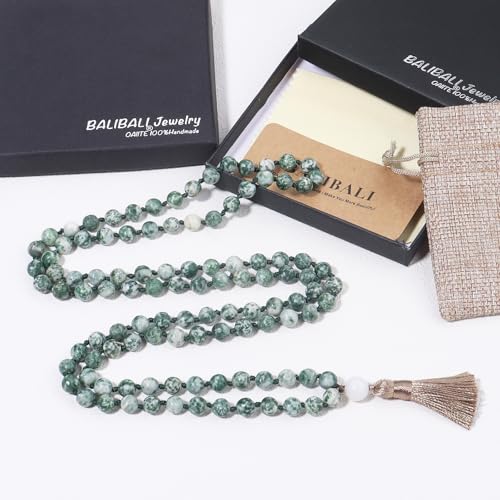 8MM Beads Chakra Long Mala Necklace Natural Stone Meditation Statement Necklace Japa Yoga Buddhist Rosary Prayer Charm Beaded Tassel Necklace - color: Green-spotted stone