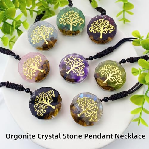 EDEN'S CALL Orgone Necklace, Tree of Life Orgonite Healing Crystal Stone Pendant Necklace for Spiritual Healing and Meditation Energy Talisman Sacred Geometry Tiger's Eye Necklaces - color: #1 Blue/Aquamarine + Tiger's Eye