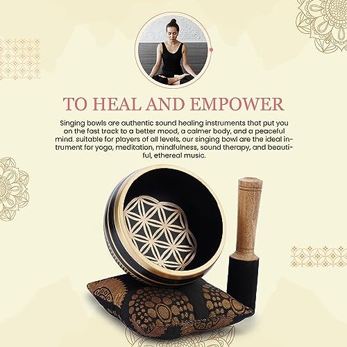 Ajuny Tibetan Singing Bowl Set - Handcrafted Meditation Brass Sound Bowl with Stick and Cushion for Yoga, Chakra Healing, Mindfulness and Stress Relief Spiritual Gifts - Gold Black