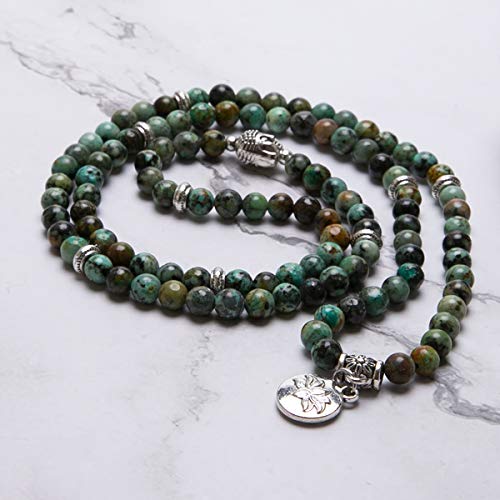 Bivei 108 Mala Beads Necklace Long Beaded Wrap Bracelets Genuine Gemstone Mala Prayer Beads Lotus Buddha Charm Yoga Meditation Necklace - color: African Turquoise-Lotus OM-Buddha