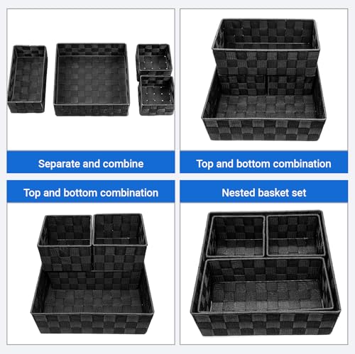 Small Black Baskets, 4 Piece Multi Size Black Woven Baskets with Metal Frame, Closet Shelf Dresser Bathroom Storage, Vanity Drawer Bedroom Office Organization