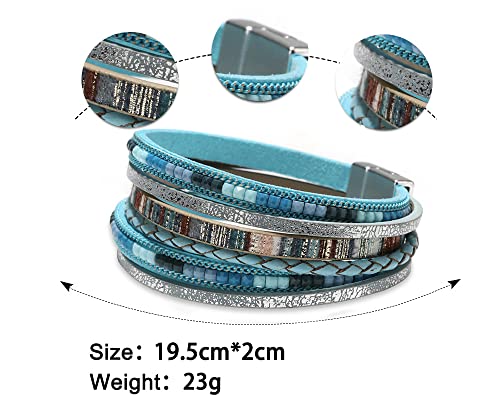 Fesciory Leather Wrap Bracelets for Women, Boho Leopard Multi-Layer Crystal Beads Cuff Bracelet Jewelry - color: Boho Braid(Blue)