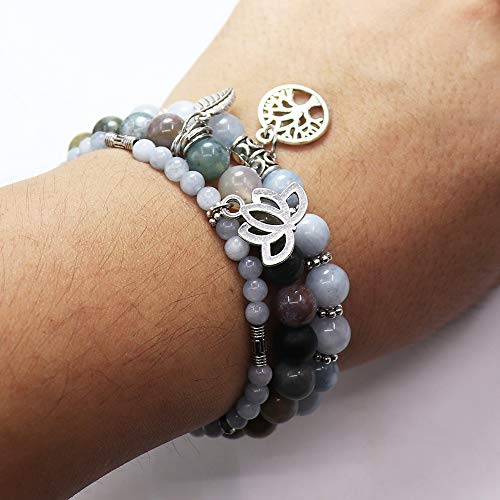 Tree of Life Yoga Healing Stone Bracelets,Multilayer Lotus Chakra Stone Reiki Bracelet Sets,Anxiety Crystal Natural Stone,for Women Stress Relief - style: Aquamarine + Indian Agate