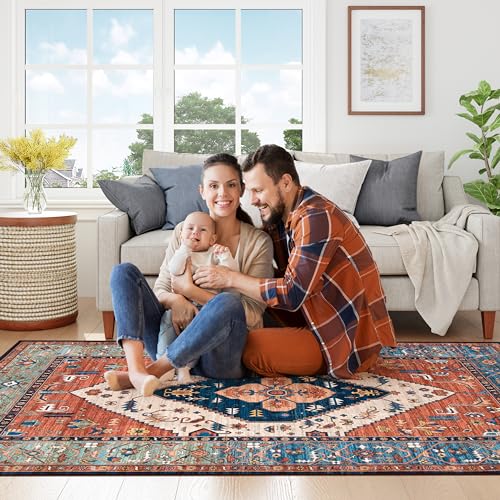 Lahome 8 x 10 Area Rugs for Living Room Boho Washable Non-Slip Backing Large Rug Ultra-Thin Stain Resistant Dining Room Rugs for Under Table, Oriental Print Rugs for Bedroom Adelyn (Rust, 8'x10')