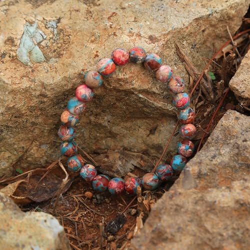 Handmade Natural Imperial Jasper Gem Semi Precious Gemstone 8mm Round Beads Stretch Bracelet 7" Unisex - color: Red