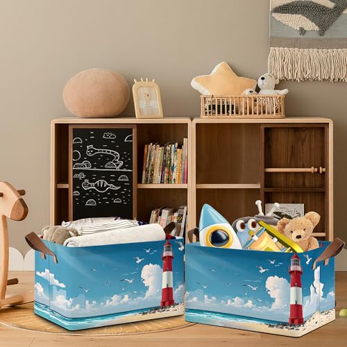 Lighthouse Seagull Storage Baskets,Beach Foldable Organizer Bin with Handles for Home Living Room Bedroom Closet Box 17x11.5x10Inch - color: Lighthouse Seagull Beach