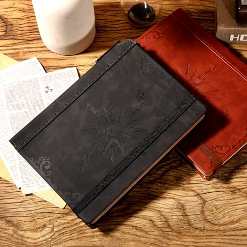 CAGIE Compass Leather Notebook Journal for Men, 100 GSM 288 Pages Lined Journals for Writing, A5 Hardcover Journaling Notebooks Gift Set with Pen for Travel Office Daily Writing - color: Black