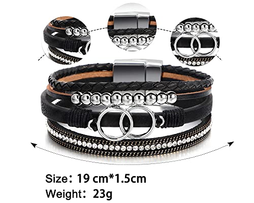 Fesciory Leopard Bracelet for Women, Boho Leather Wrap Multi-Layer Pearl Crystal Bracelet Bangle Jewelry - style: Double Circle(Black)