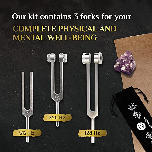 Tuning Forks for Healing Set (128Hz, 256Hz, 512Hz) — Calibrated Weighted Tuning Forks with Video Course Included | 2 Weighted + 1 Unweighted Aluminum Alloy Forks with Mallet, Velvet Pouches, and Beginner Video Course