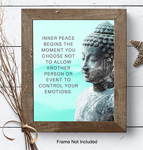 Buddhism Buddha Statue Art Print - Inspirational Motivational Zen Quote Wall Decor for Bathroom, Home, Apartment, Spa, Yoga or Meditation Room - Unique Gift for New Age Fan Women - 8x10 Blue Picture - size: 8"L x 10"W, style: Unframed