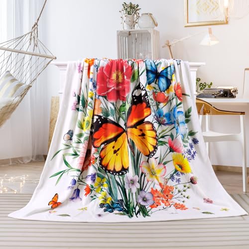 Floral Blanket Ultra Soft Butterfly Flowers Throw Blankets Wildflower Leaves Flannel Fleece Throw Watercolor Warm Cozy Fuzzy Plus Gift Cabin Blanket for Bed Sofa, 50" X 60"