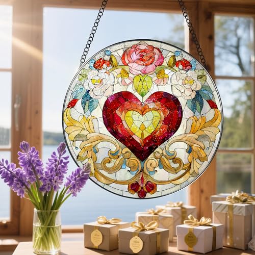 Stained Glass Window Hanging, 8 in Valentine Heart Sun Catcher, Stained Glass Suncatcher, Gift for Wife, Gift for Girlfriend, Mother's Day, Christmas, Birthday, Valentine's Day Gifts for Couple, Her - color: Heart Flower