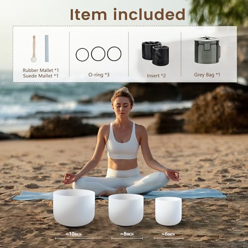 CVNC 440HZ 6" A Note 8" F Note and 10" C Note Frosted Quartz Crystal Singing Bowl Chakra Set of 3 with Carry Case Bag for Sound Healing Meditation - color: White-AFC, size: 6-10 inch