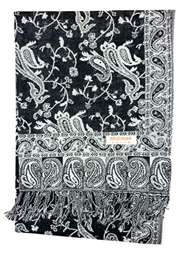 Plum Feathers Tapestry Ethnic Paisley Pattern Pashmina Shawl Scarf, Womens Pashmina Shawl Wrap with Fringes - color: Black Floral Paisley
