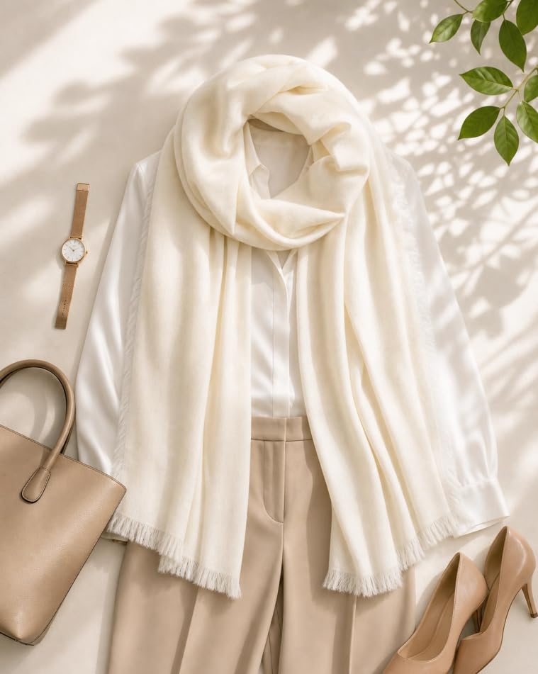 KVSS Women's Fine Knit Shawl, 55% Cashmere 45% Mulberry Silk, X Gauge 120/2NM Yarn Lightweight Spring Summer Wrap Scarf - color: Ivory