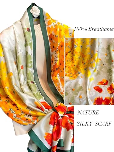 Large Shawl Scarf For Women Lightweight Wraps Silky Headscarf Long Sunscreen Scarfs - color: T18 Brilliant Flowers / 70"x 35"