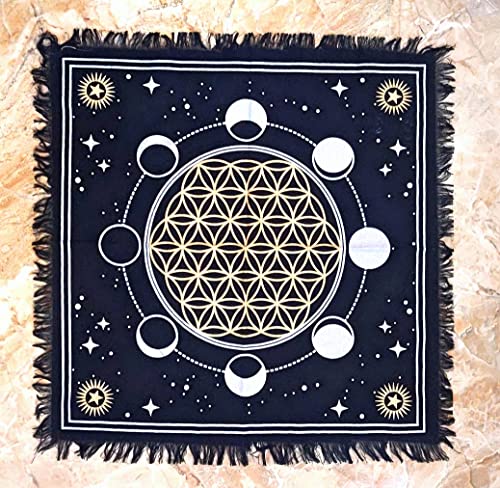 INDACORIFY Moon Phases Altar Table Top Cloth with Fringes Alter Tarot Witchcraft Spread Table Cloth Meditational Cloth 18x18 in (Gold & Silver Moon Phases with Flower of Life) - color: Gold & Silver Moon Phases With Flower of Life