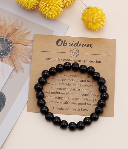 BOMAIL Natural Stone Bracelet for Women Men - 8MM Semi-Precious Gemstone Beaded Bracelet Healing Crystal Stretch Bracelet Yoga Bracelets Jewelry - color: Obsidian