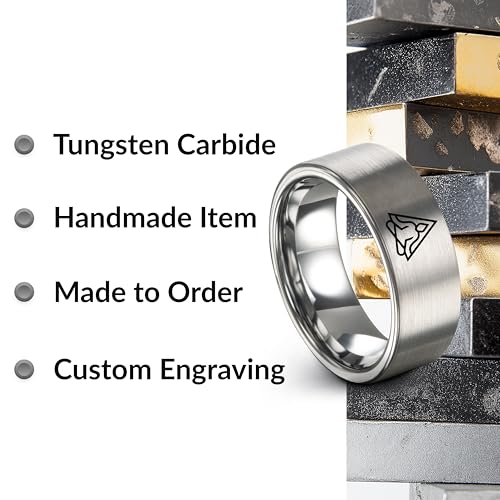 Gift for Yoga Fan - Yoga Meditation Ring - Flat Dome Bevel - Band - Men Women - Brushed Polished - Tungsten - Personalized Custom Engraving - 8mm - Anniversary Wedding - Yellow Rose Gold Silver - color: 13 - Grey Tungsten