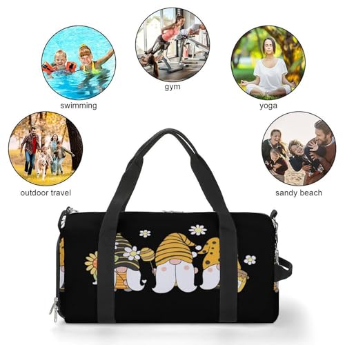 Sunflower Bee Cute Cartoon Gnome Black Large Capacity Portable Fitness Bag, Easy to Carry - color: Sunflower Bee Cute Cartoon Gnome Black
