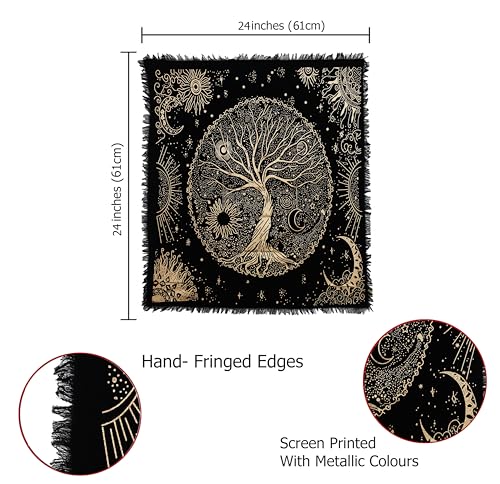 Indian Consigners Tree of Life Altar Cloth Tapestry Tablecloth Celtic Trees Ritual Spiritual Cloth for Sacred Places, Cotton Square Tarot Table Cover 24 by 24 Sacred - color: Golden Celestical Dry Tree, size: 24" x 24" (Square)
