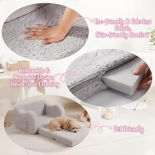 MOMCAYWEX Kids Sofa, 2-in-1 Flip-Out Foam Couch with Soft Sherpa Cover, Cozy Play Lounge Chair, Grey - color: Grey, size: Medium