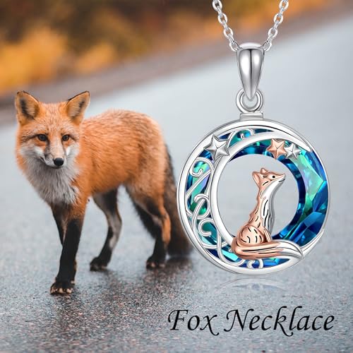 Sterling Silver Cute Animal Pendant Necklace Fox/Snake/Unicorn/Owl on Moon/Rabbit/Horse Necklace Jewelry for Women Mom Sister - style: Fox Blue Crystal