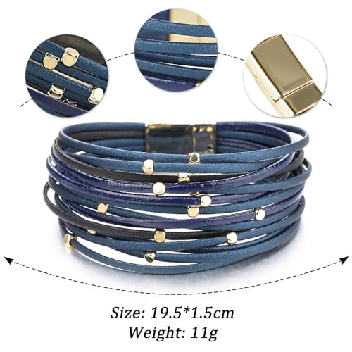 Fesciory Leopard Bracelet for Women, Boho Leather Wrap Multi-Layer Pearl Crystal Bracelet Bangle Jewelry - style: CubeBead(Navy)