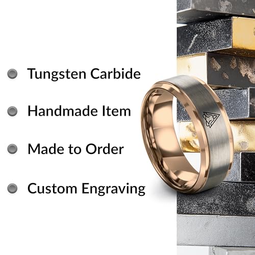 Gift for Yoga Fan - Yoga Meditation Ring - Flat Dome Bevel - Band - Men Women - Brushed Polished - Tungsten - Personalized Custom Engraving - 8mm - Anniversary Wedding - Yellow Rose Gold Silver - color: 07 - Rose Gold Grey Tungsten